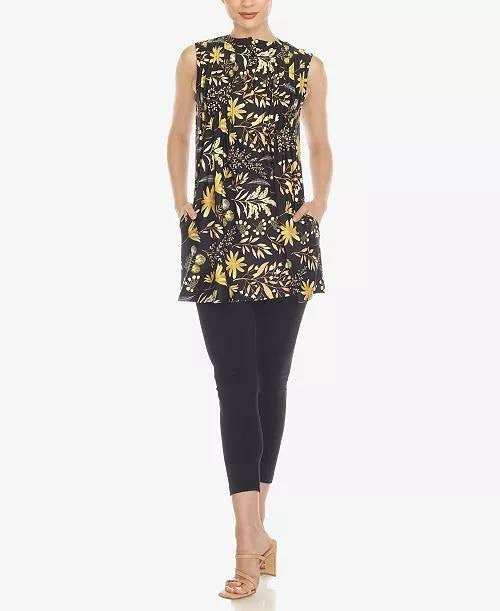 White Mark Floral Sleeveless Tunic Top Pin-Tuck Pleated Black L NWT $52