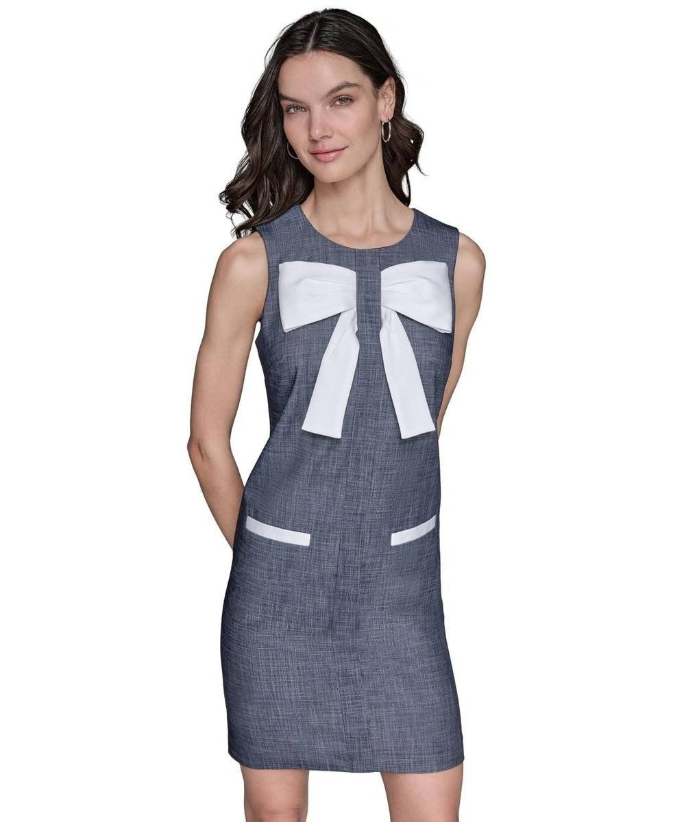 Karl Lagerfeld Paris Women’s Bow Front Sleeveless Dress Blue Gray 8 $169 NWT