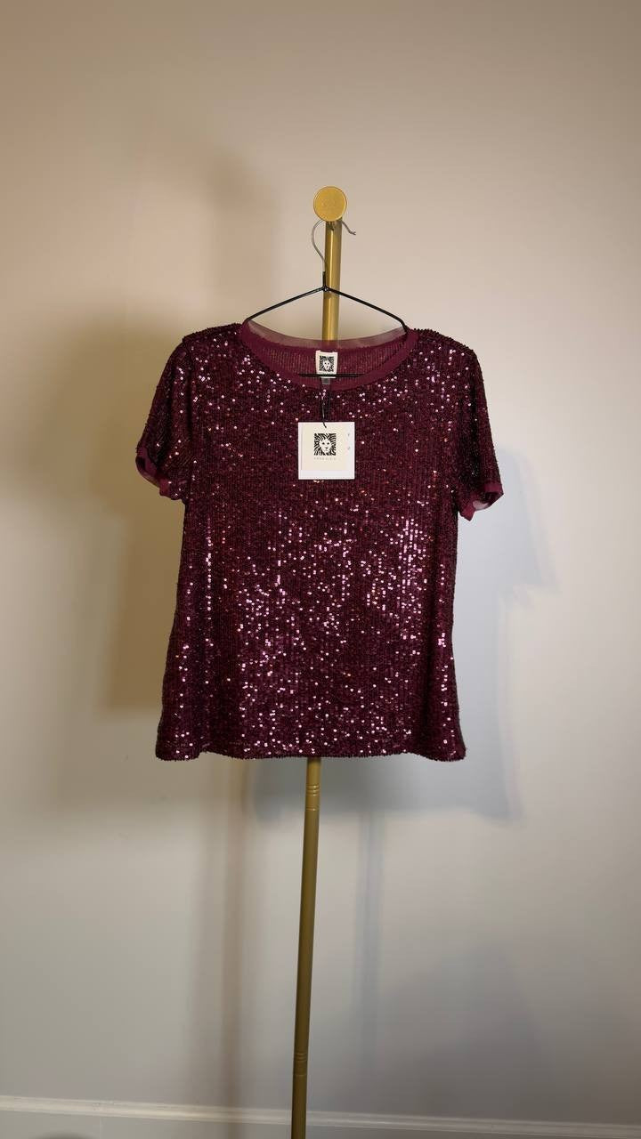 Anne Klein Short‑Sleeve Sequin Knit Top XS Cherry NWT $89