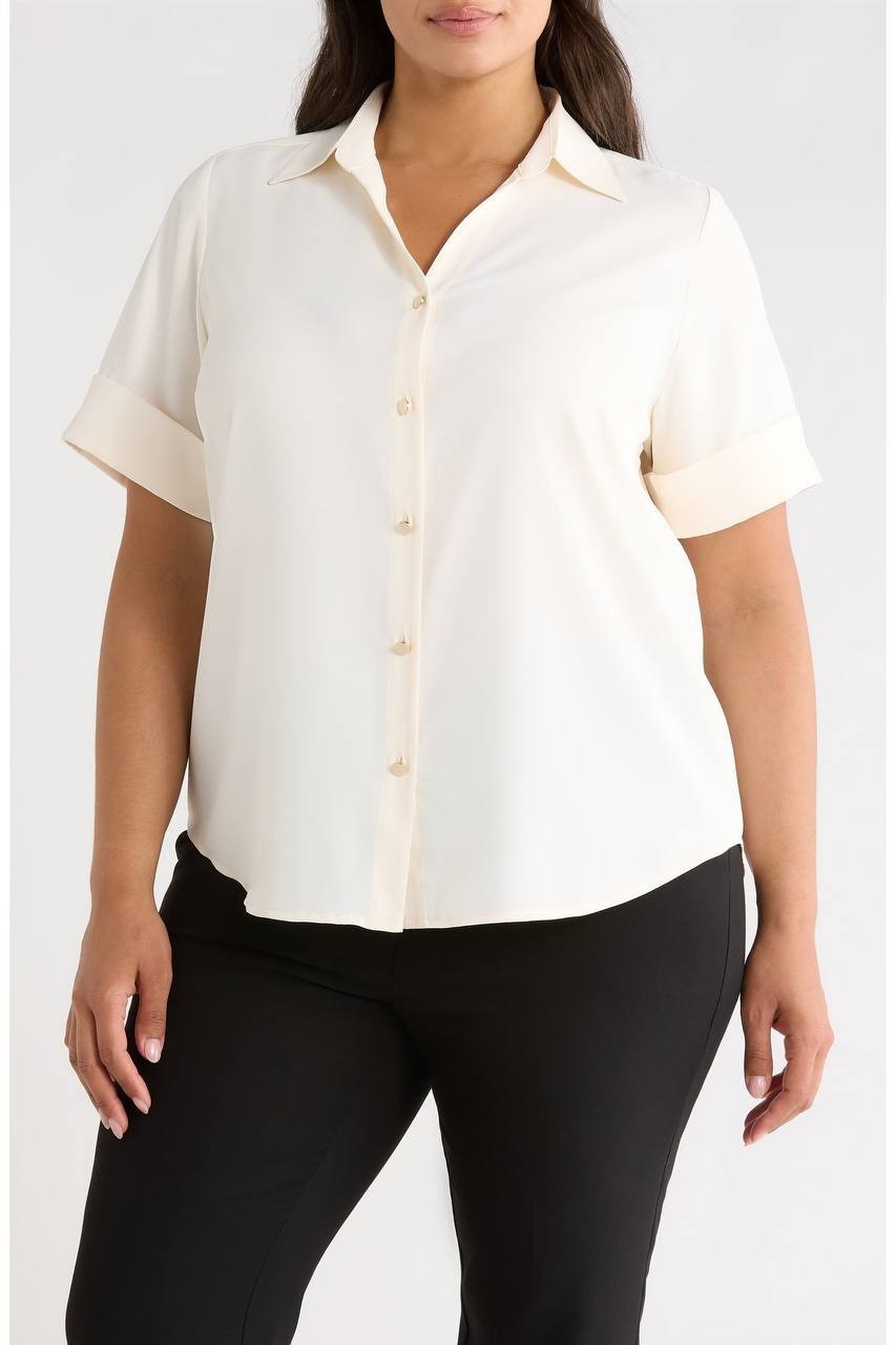 Anne Klein Women’s Short Sleeve Button‑Up Shirt White Dove 1X NWT $69