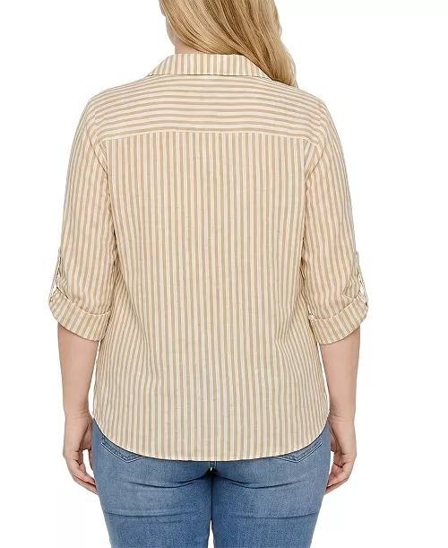 NY Collection 3/4‑Sleeve Roll Tab Button‑Front Top Yellow L NWT $46