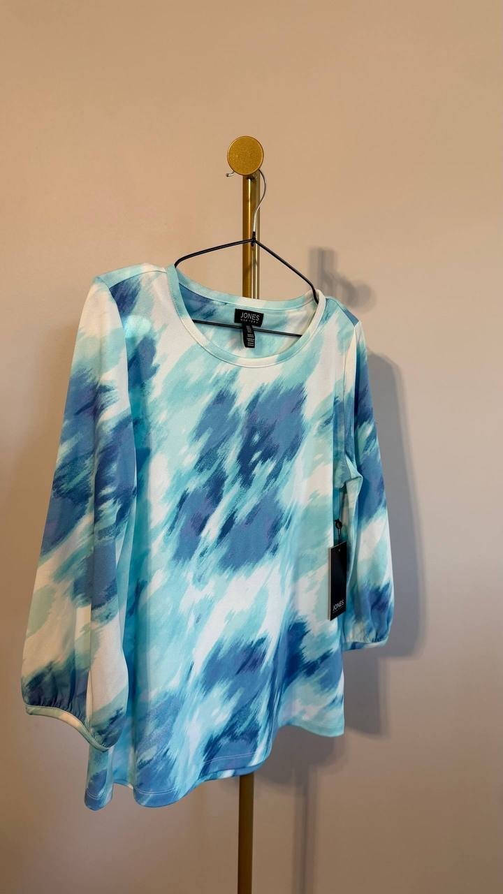 Jones New York Women’s Watercolor‑Print 3/4‑Sleeve Top Blue Multi S $59.50 NWT