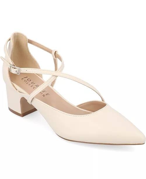 Journee Galvinn Strappy Pointed Toe Block Heel Pumps Bone 8W PU $93 NWB