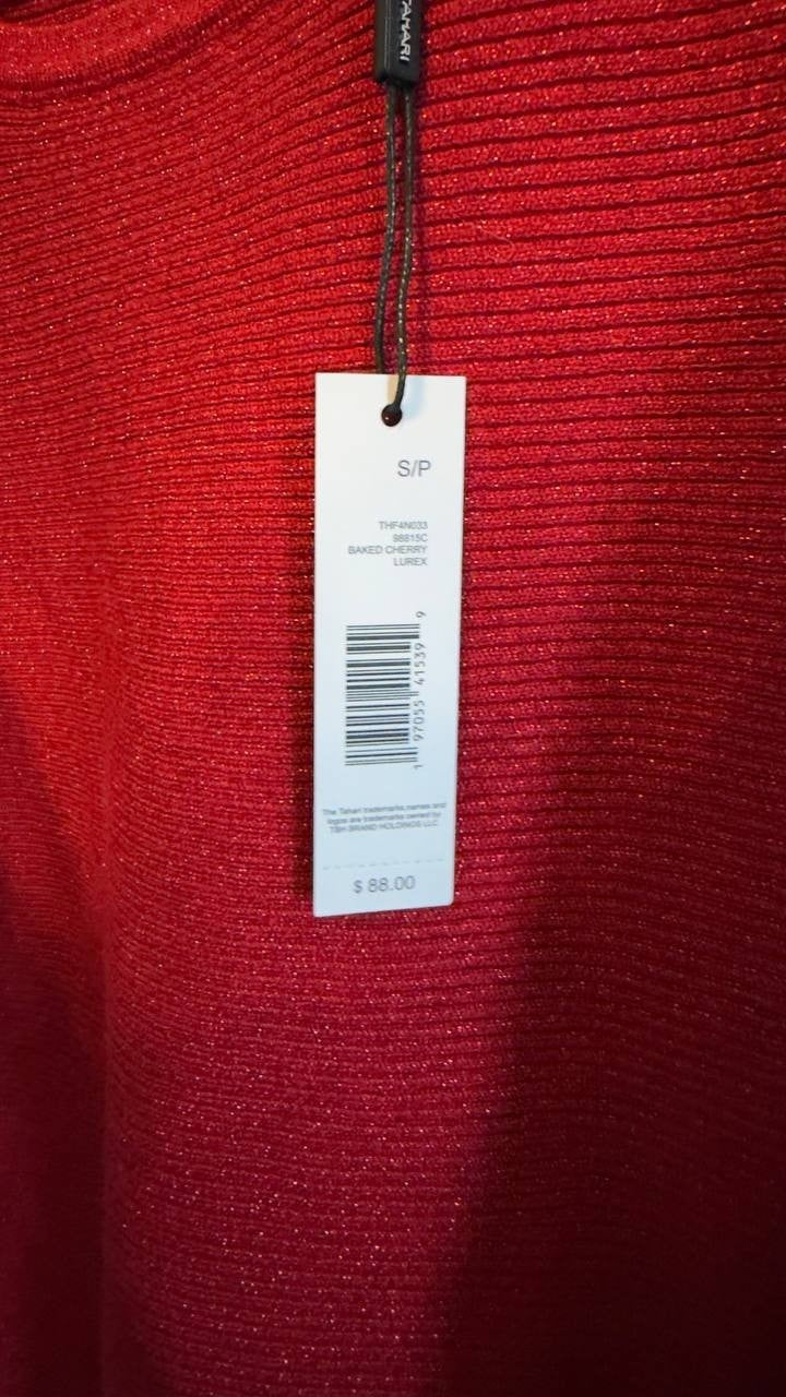 T Tahari Ribbed Embellished Dolman Sleeve Sweater S/P Baked Cherry NWT $88