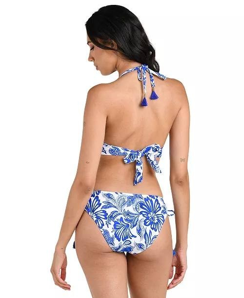 La Blanca Botanical Brocade Halter Bikini Swim Top Lapis 6 NWT $95