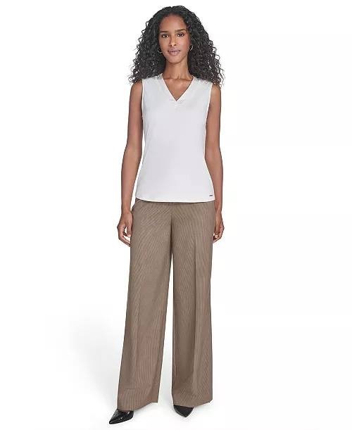 Calvin Klein Mixed Media V Neck Blouse White Stretch Top Size M NWT need wash