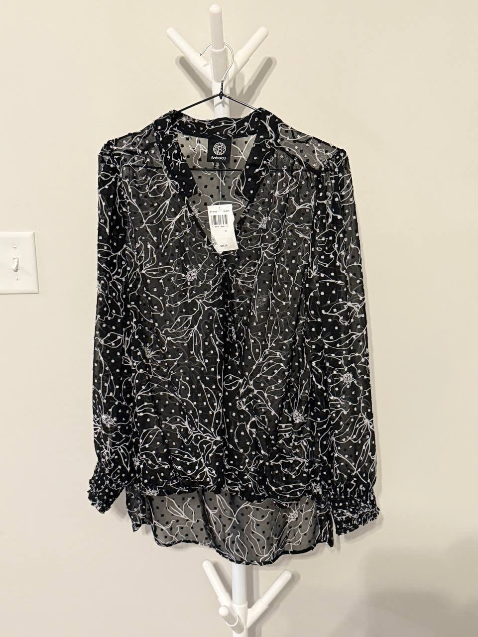 Bobeau High‑Low Floral Swiss Dot Top – Black – Size XL – NWT – $60