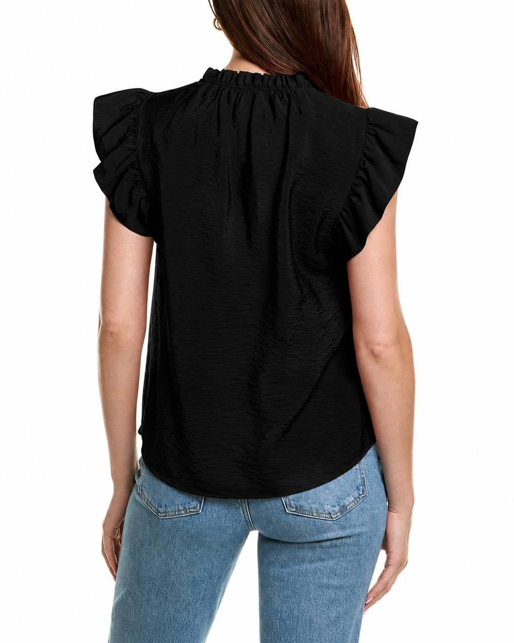 Anne Klein Flutter Sleeve Split Neck Top Black S NWT $79