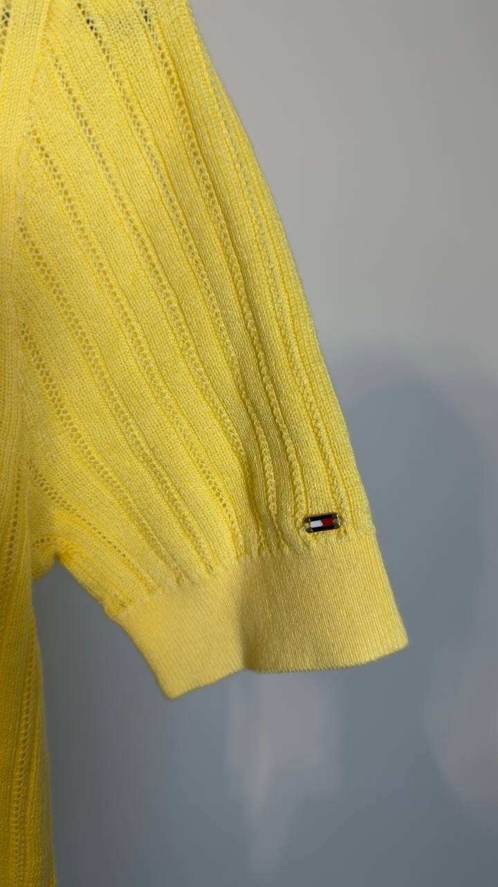 Tommy Hilfiger Women’s Pointelle Short‑Sleeve Sweater Yellow XS NWT $79.50