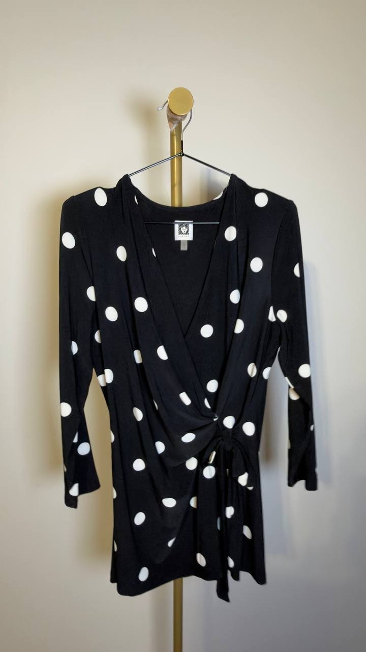 Anne Klein Women’s Printed Tie‑Waist Surplice Top Black/White Dot M NWOT $69