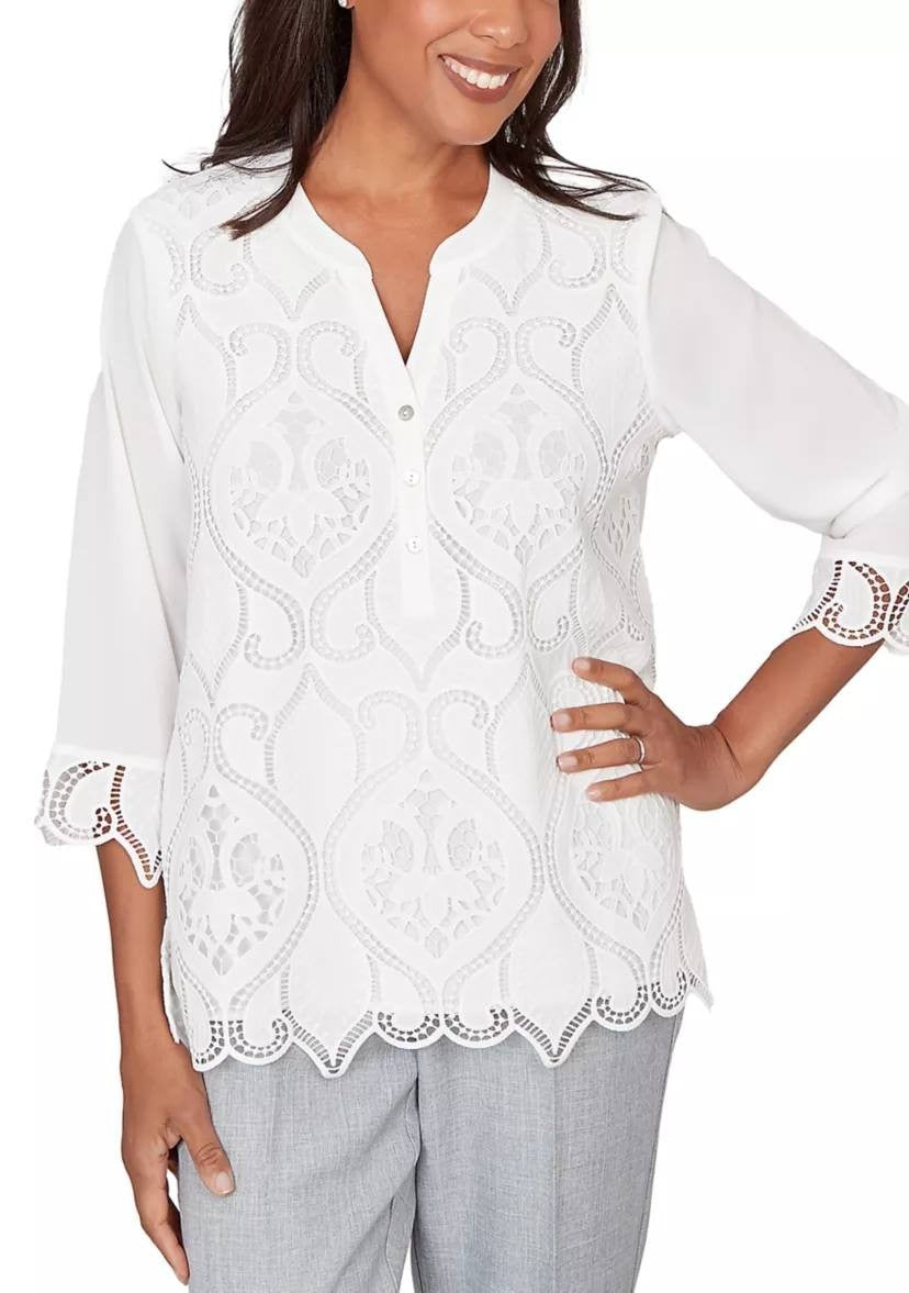 Alfred Dunner Petite Lace Cut Out Front Henley Top White PM NWT $64.50