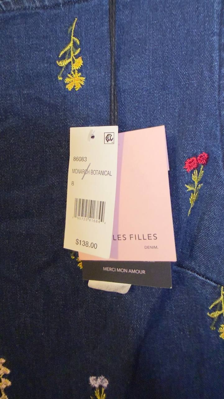Avec Les Filles Embroidered Bubble Hem Denim Dress Monarch Botanical 8 NWT $138