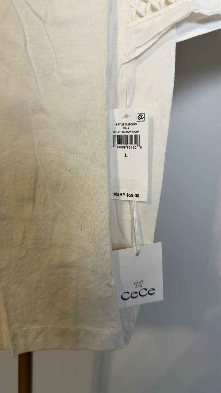 CeCe Women’s Combo Trim‑Sleeve Crew Neck Cotton Top New Ivory L NWT $59