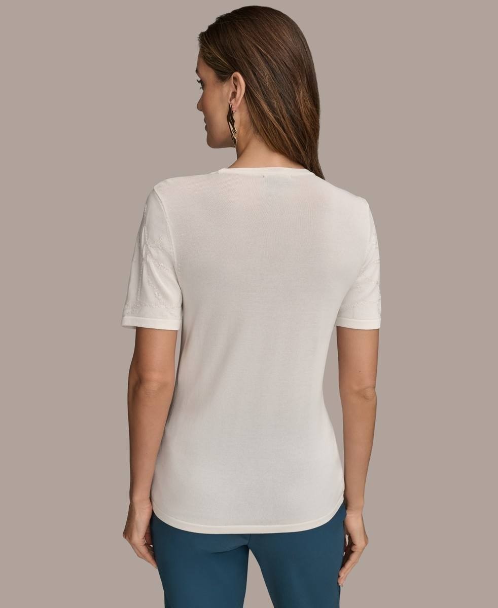 Donna Karan NY Short-Sleeve Sequin Detail Sweater Cream XL NWT $99