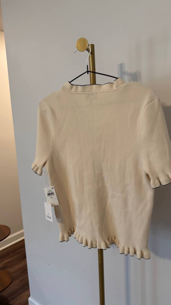 CeCe Women’s XL Contrast-Trim Ruffled Short-Sleeve Cardigan Eggnog NWT