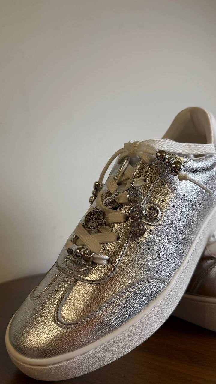 Michael Kors Scotty Lace Up Leather Sneakers Silver 8 Charms NWB MSRP $125