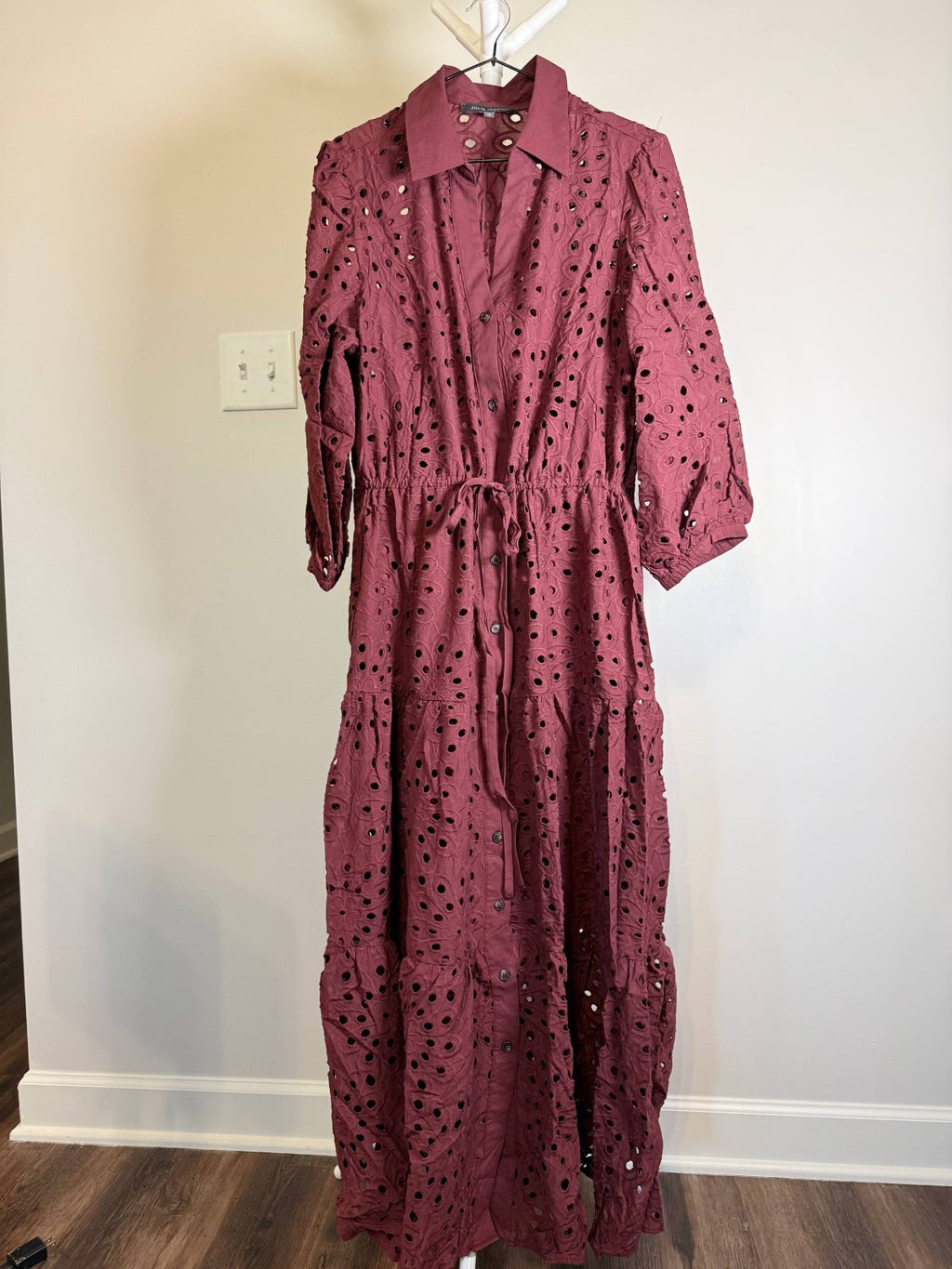 Julia Jordan Women’s Eyelet Tie‑Waist 3/4‑Sleeve Midi Dress – Wine – Size 6  NWT