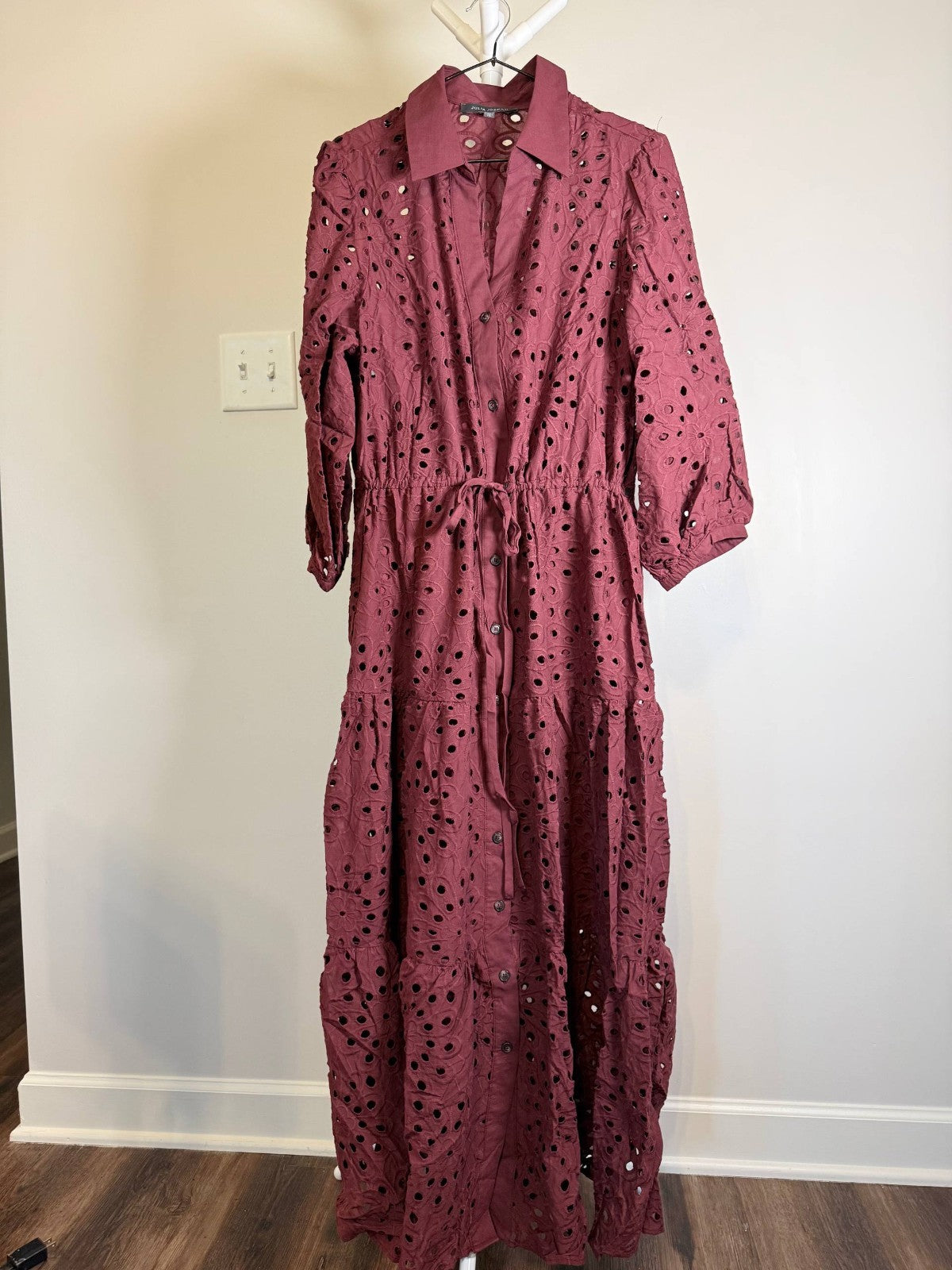 Julia Jordan Women’s Eyelet Tie‑Waist 3/4‑Sleeve Midi Dress – Wine – Size 6  NWT