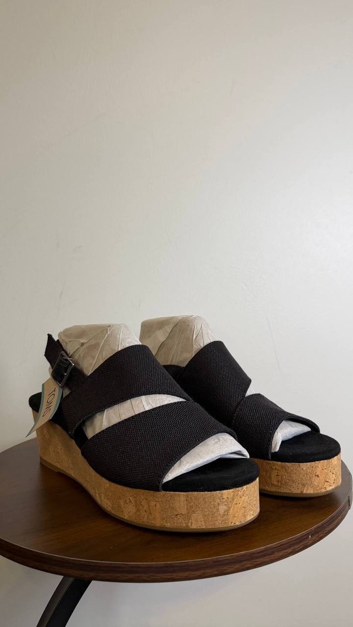 Toms Wedge Sandals 8.5 Black Textile Espadrille New in Box