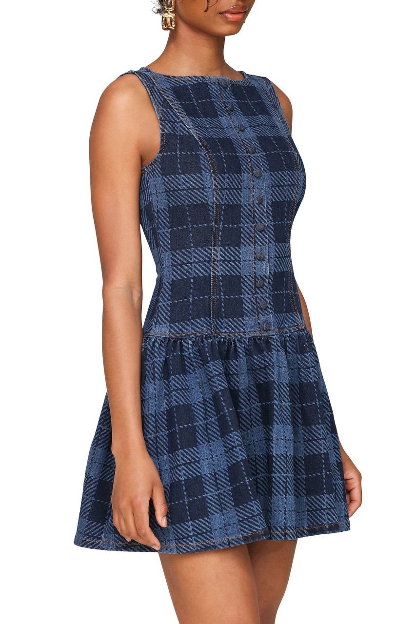Avec Les Filles Plaid Drop Waist Denim Dress Blue Multi L NWT $108