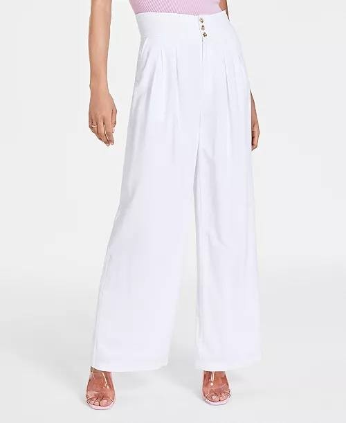 Bar III Wide-Leg Pants 8P White Button Front High Rise Petite NWT