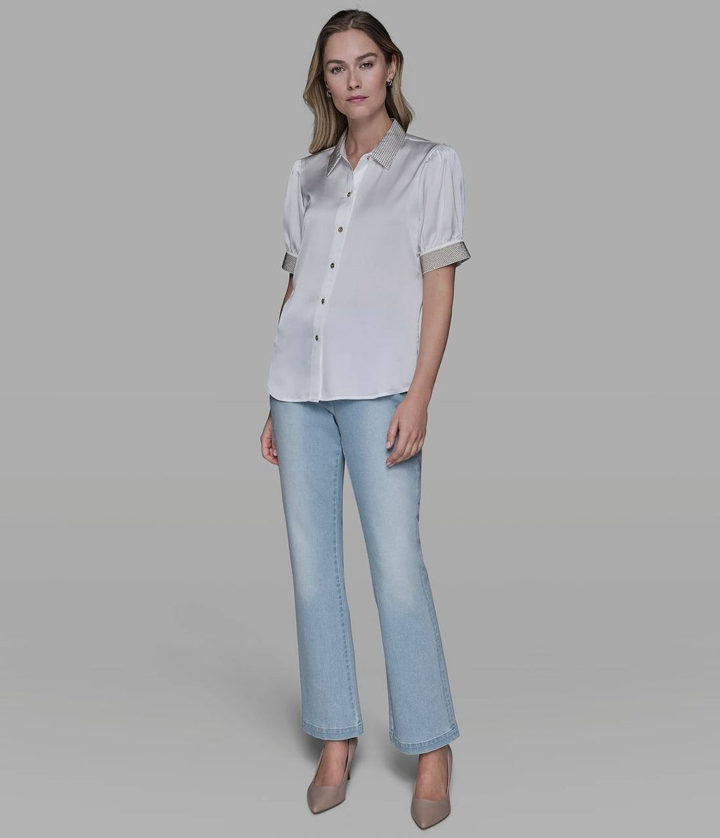 Karl Lagerfeld Paris Beaded Satin Stud Blouse Soft White M NWT $109
