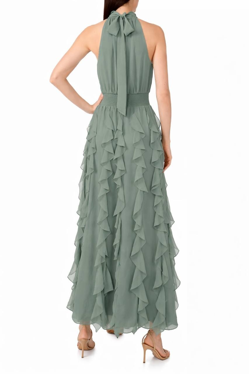 1.STATE Dark Forest Halter Neck Ruffle Maxi Dress Size S NWT Damaged Fabric