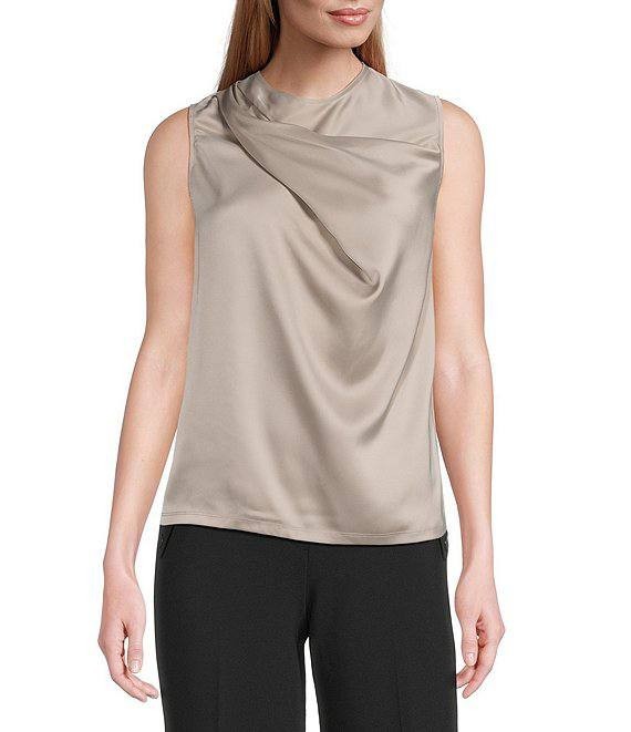 Anne Klein Drape Front Asymmetrical Shoulder Sleeveless Blouse Porcini S NWT $59