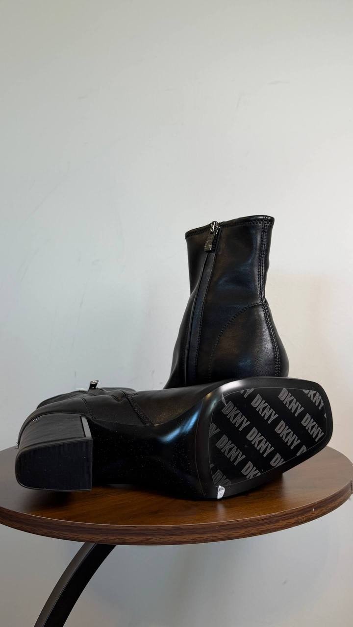 DKNY Cavale Stretch Booties Black 8M Fabric Block Heel $99 NWB