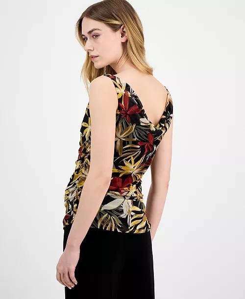 Anne Klein Printed Ruched Draped-Neck Mesh Top Black Floral XL NWT $59