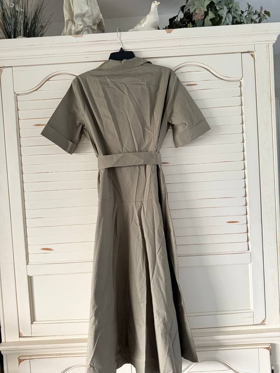 DKNY Dress L Green Button Front Brown Accent Utility Midi Shirt Style Cotton NWT