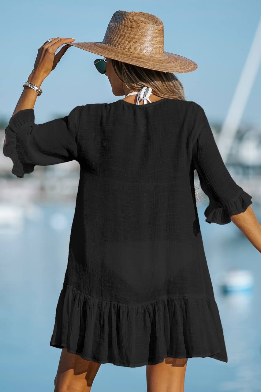 Cupshe Black Ruffled Swim Cover‑Up Dress Size L NWT Beachwear Summer msrp$53