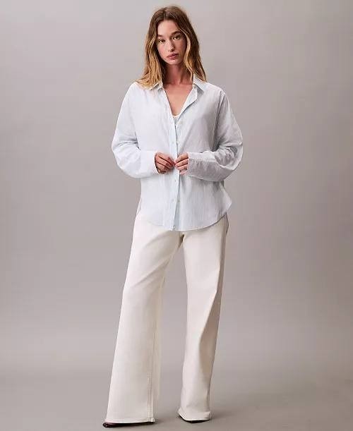 Calvin Klein Striped Long Sleeve Button‑Down Shirt White Print L NWT $109