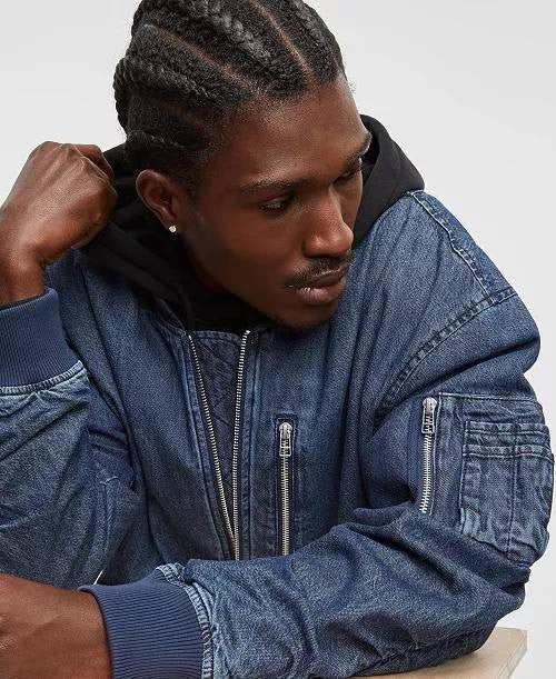 Mode of One Men’s Costas Zip‑Front Denim Bomber Jacket Blue L $100 NWT