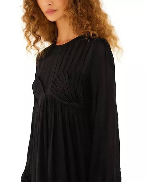 FARM Rio Pleated Mini Dress Black Long Sleeve Semi Sheer Size S NWT $280