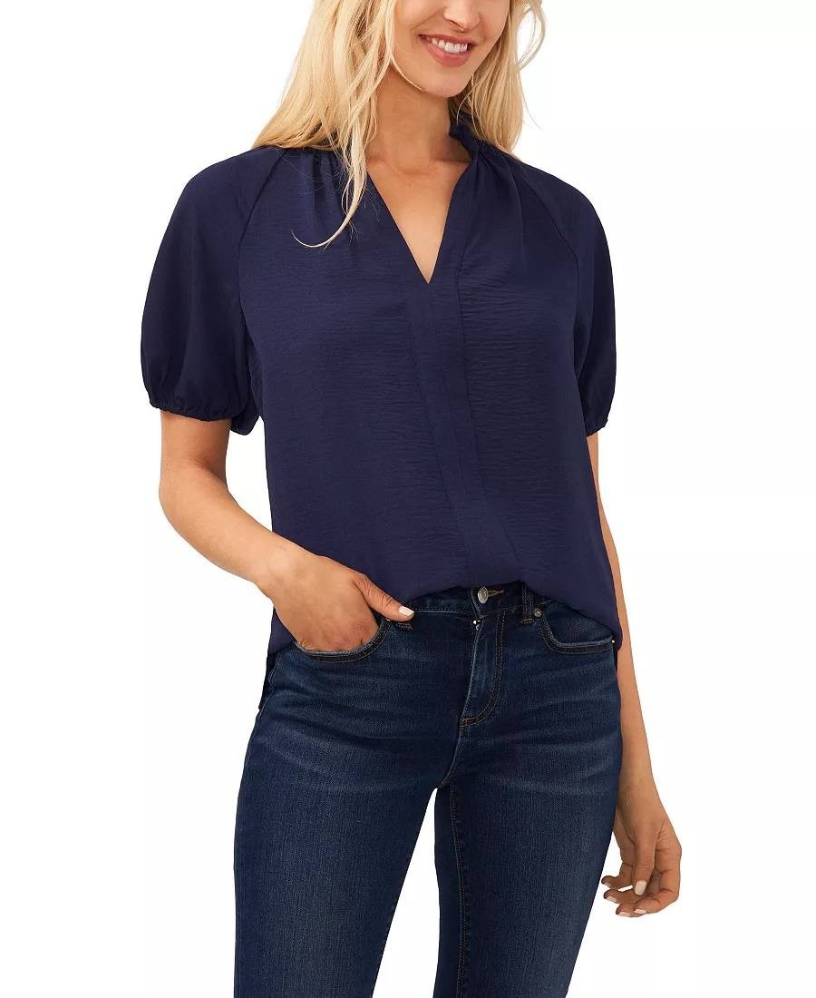 CeCe Short‑Sleeve Ruffle‑Neck Raglan Split‑Neck Blouse – Navy–Size XS –NWT –$69
