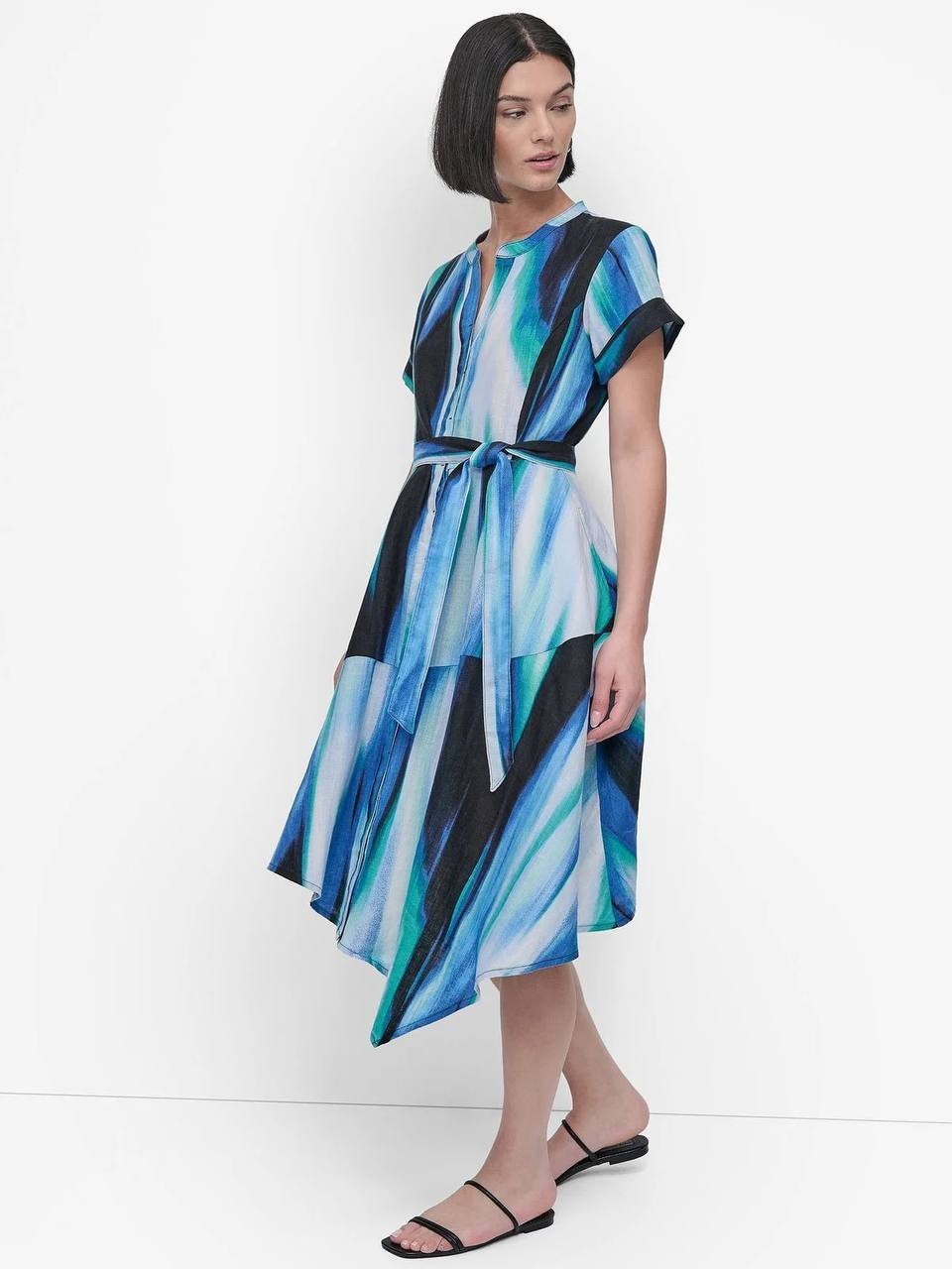 DKNY Printed Linen Short‑Sleeve Wrap Dress Caribbean Multi 12 NWT $159