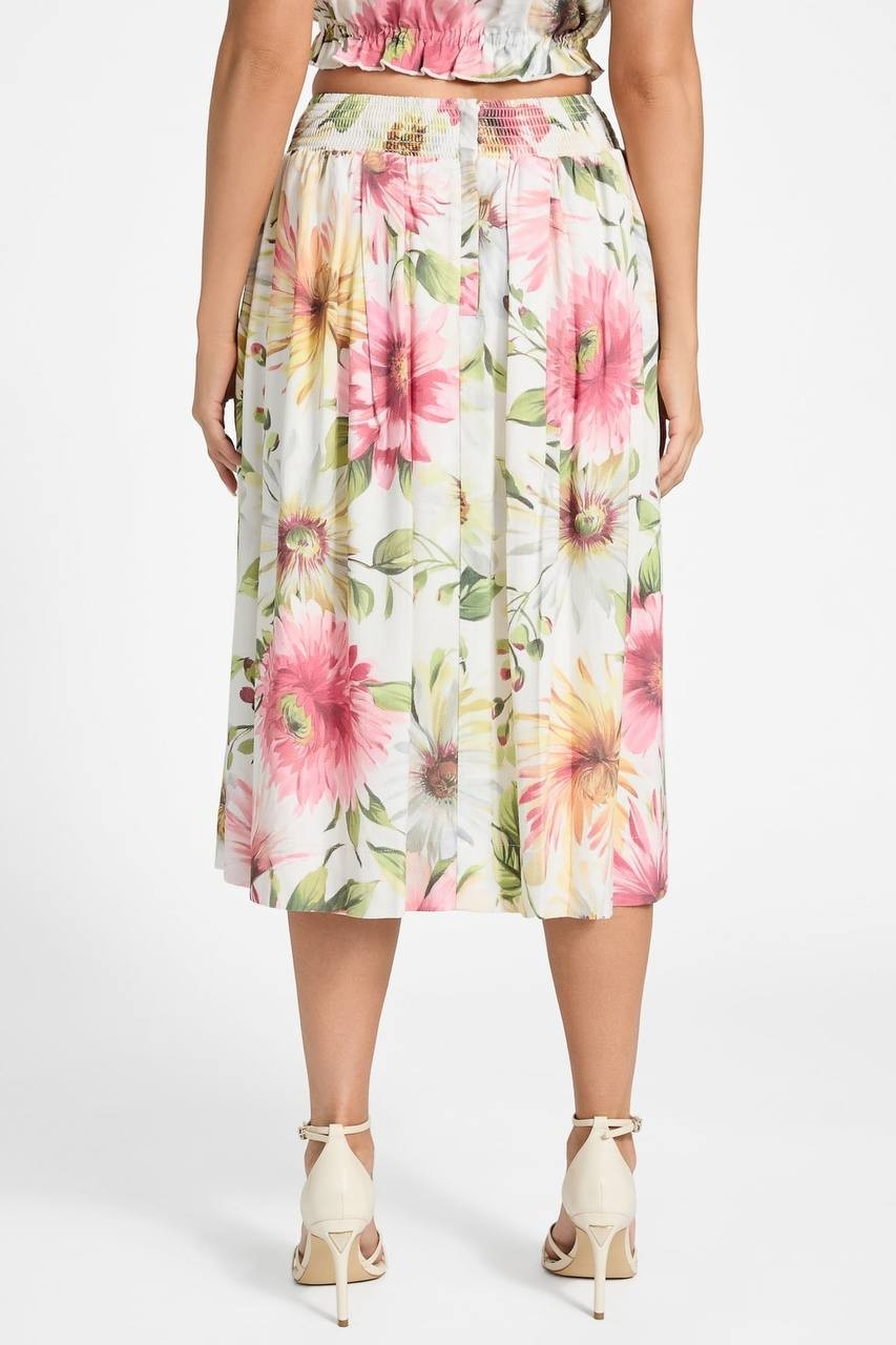 Guess Eco Elodie Floral Midi Skirt Daisies Print White Yellow Size S NWT $118