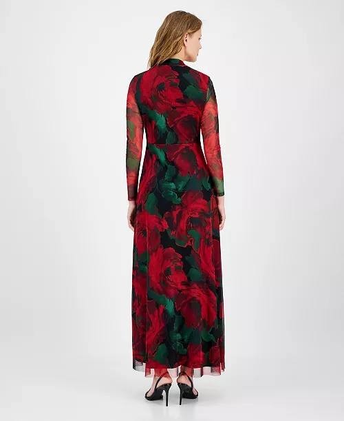 Anne Klein Rose‑Print Twist‑Front Maxi Dress Titian Red Multi 8 NWT $149