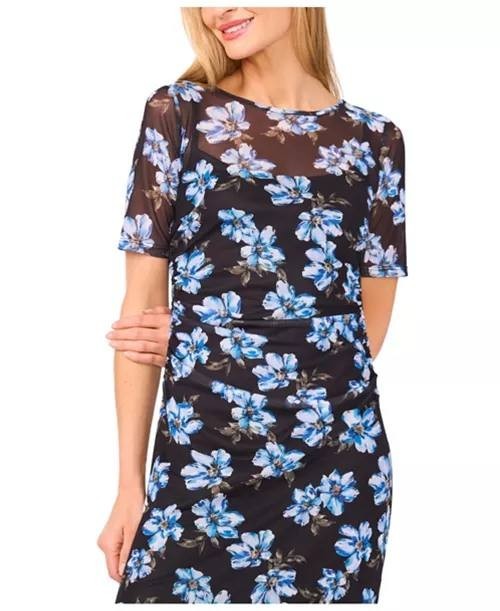CeCe Short‑Sleeve Ruched‑Side Mesh Crew‑Neck Midi Dress – Size M – NWT – $59