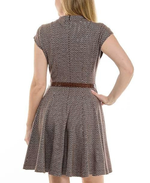Taylor Women’s Belted Jacquard A‑Line Dress Brown Cream 12 NWT $128