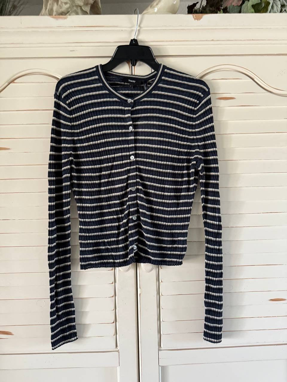 Theory Striped Linen-Blend Crop Cardigan Nocturne Navy Multi Size L Women