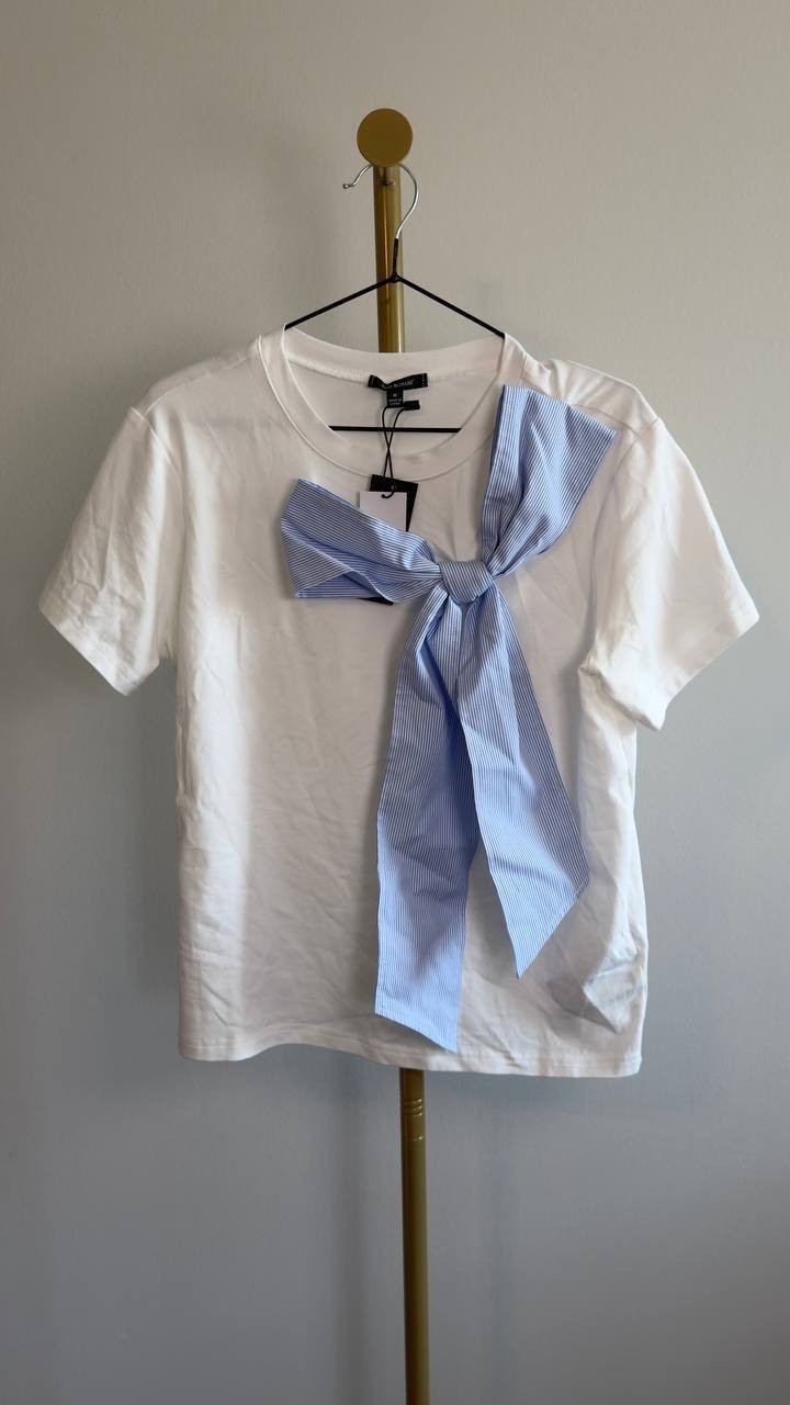 Isaac Mizrahi Striped Bow Stretch Cotton T‑Shirt White/Blue M NWT $84