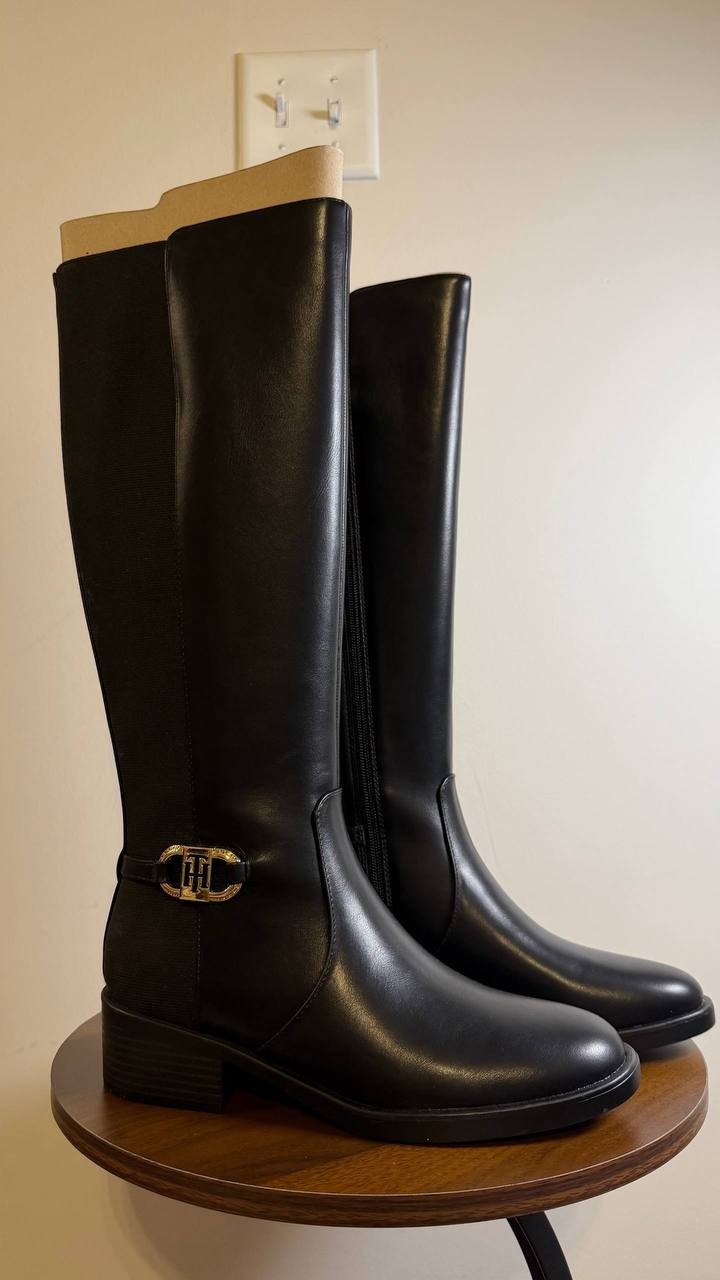Tommy Hilfiger Imizza Boots 7.5M Black Faux Leather Knee‑High NIB msrp$159