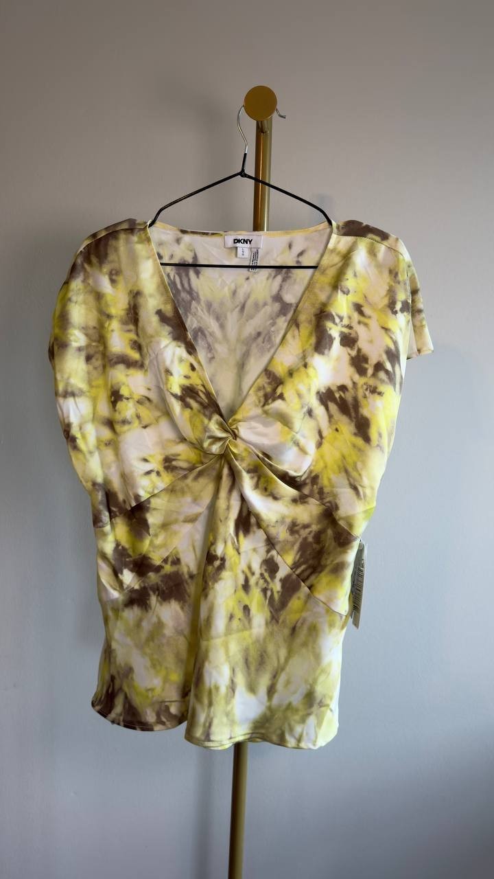 DKNY Twist‑Front Tie‑Dye Dolman‑Sleeve Blouse L Sage/Lime NWT $74