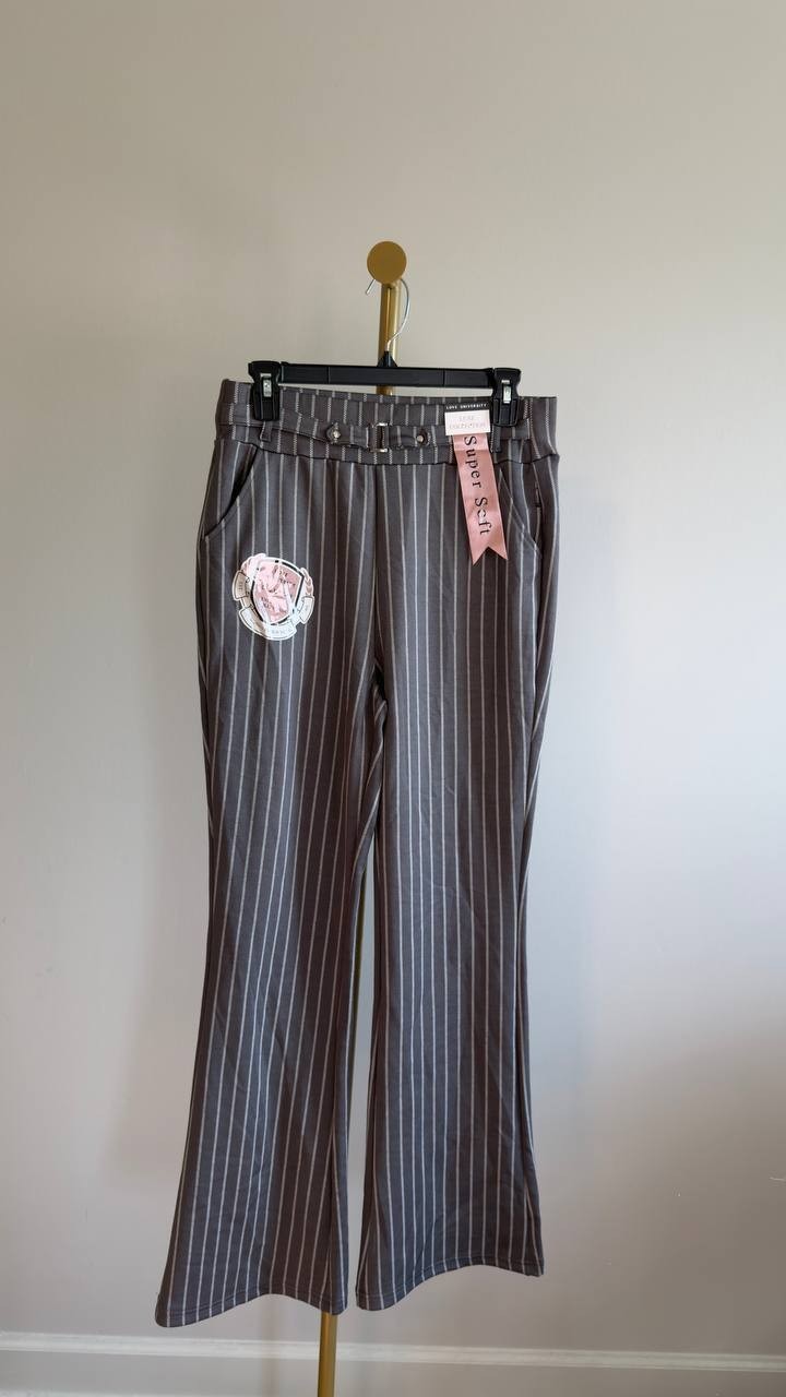 Love University Super Soft Belted Wide‑Leg Pants White/Grey Stripes L NWT $59