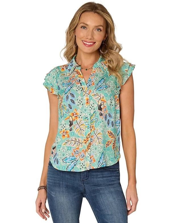 Democracy Flutter‑Sleeve Ruffle‑Edge Blouse Light Turquoise– Size PL–NWT–MSRP$68