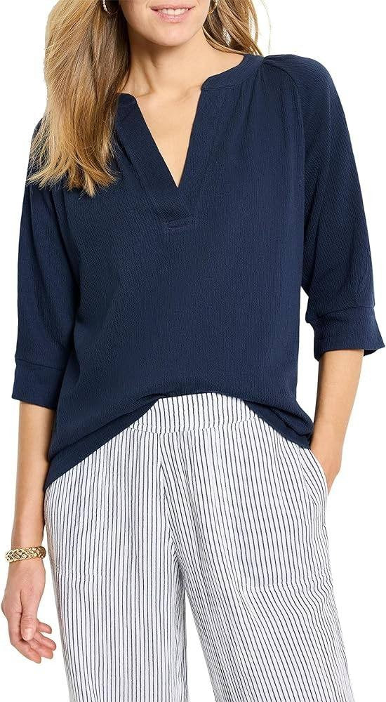 Nic+Zoe Elbow Sleeve Split Neck Crinkly Knit Top Dark Indigo L NWT $118