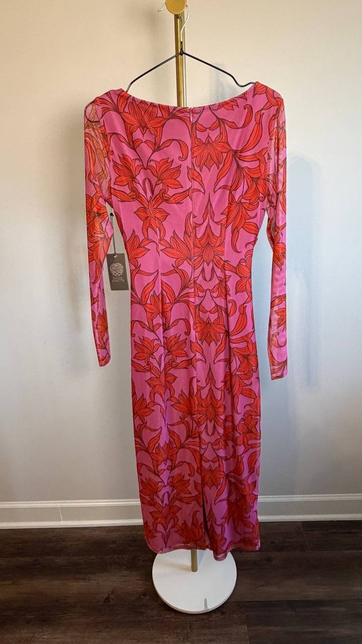 Vince Camuto Bodycon Mesh‑Sleeve Ruched Dress Red Floral 4 NWT $158