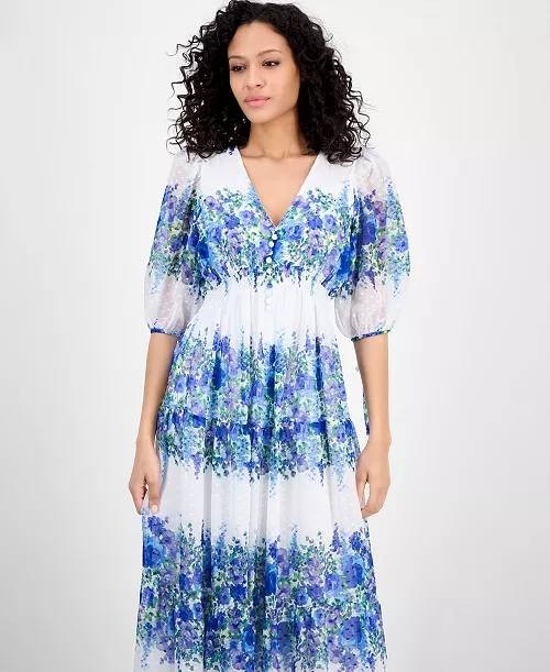 Taylor Printed V-Neck Smocked-Waist Dress Blue/Wisteria 6 NWT $139